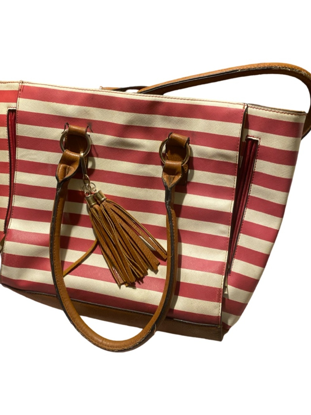 Striped Red & White CARRY Purse with Brown Trim